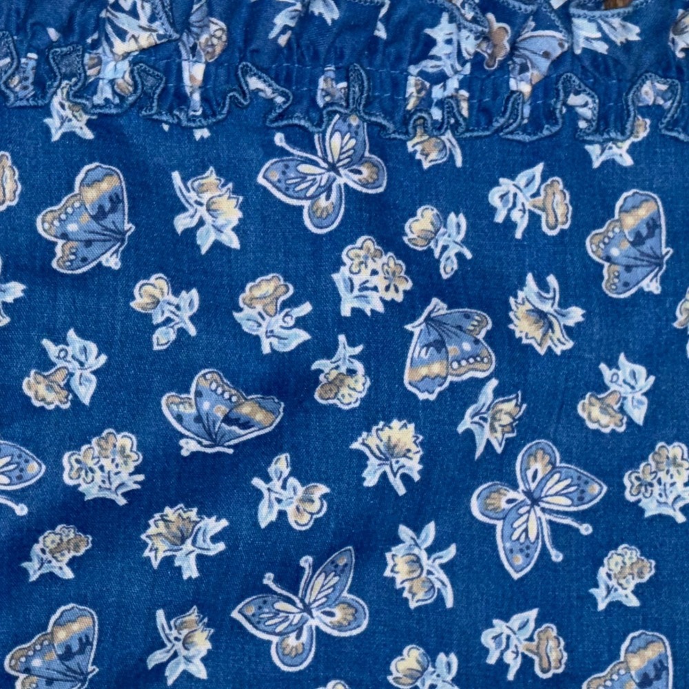 Vintage Blue Butterfly Floral Square Tablecloth 37.5" x 37.5" Ruffled Cottage